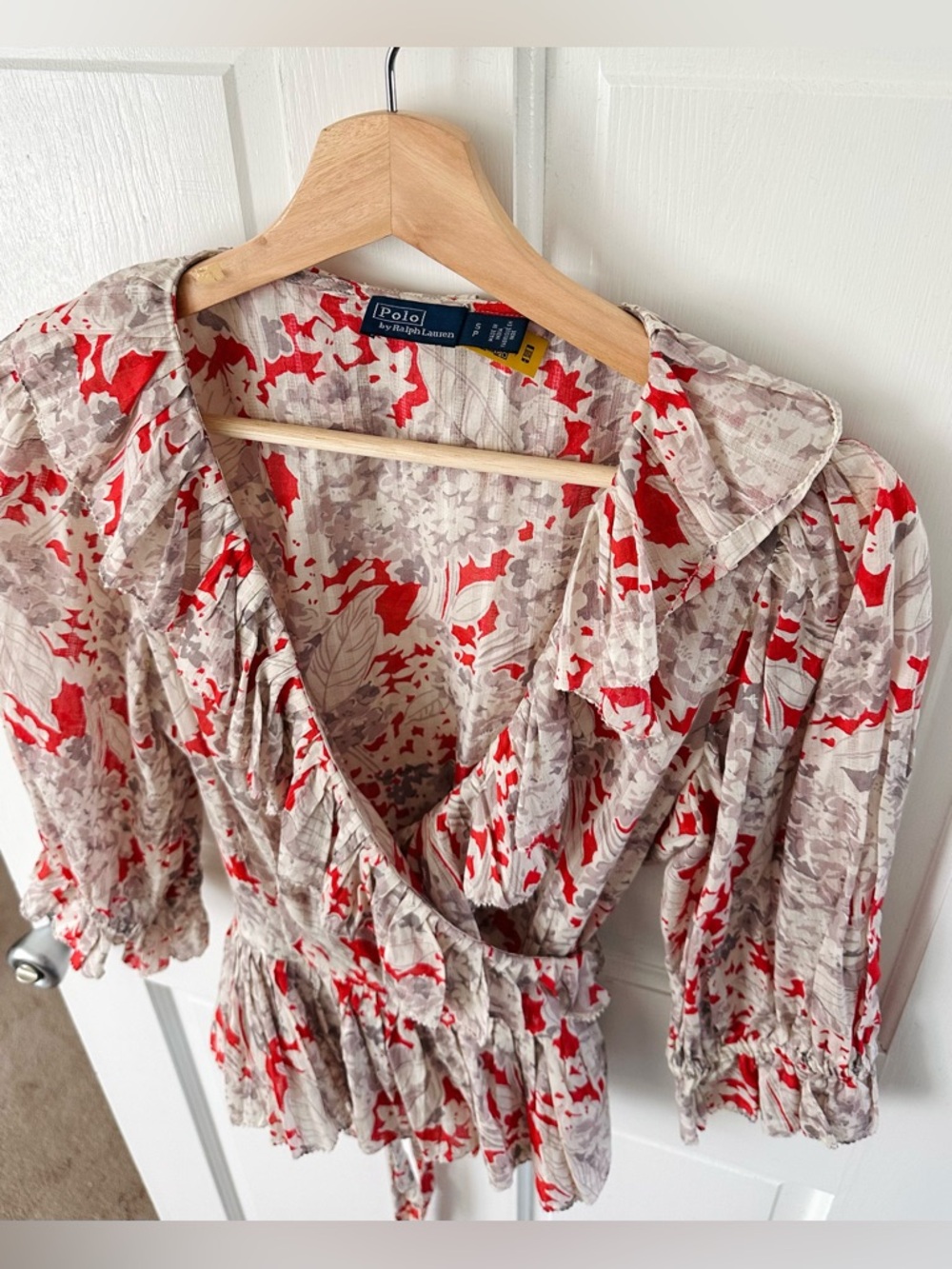 POLO RALPH LAUREN Evee Ruffled Floral Cotton Voile Wrap Top Red Gray Size S - Picture 6 of 14